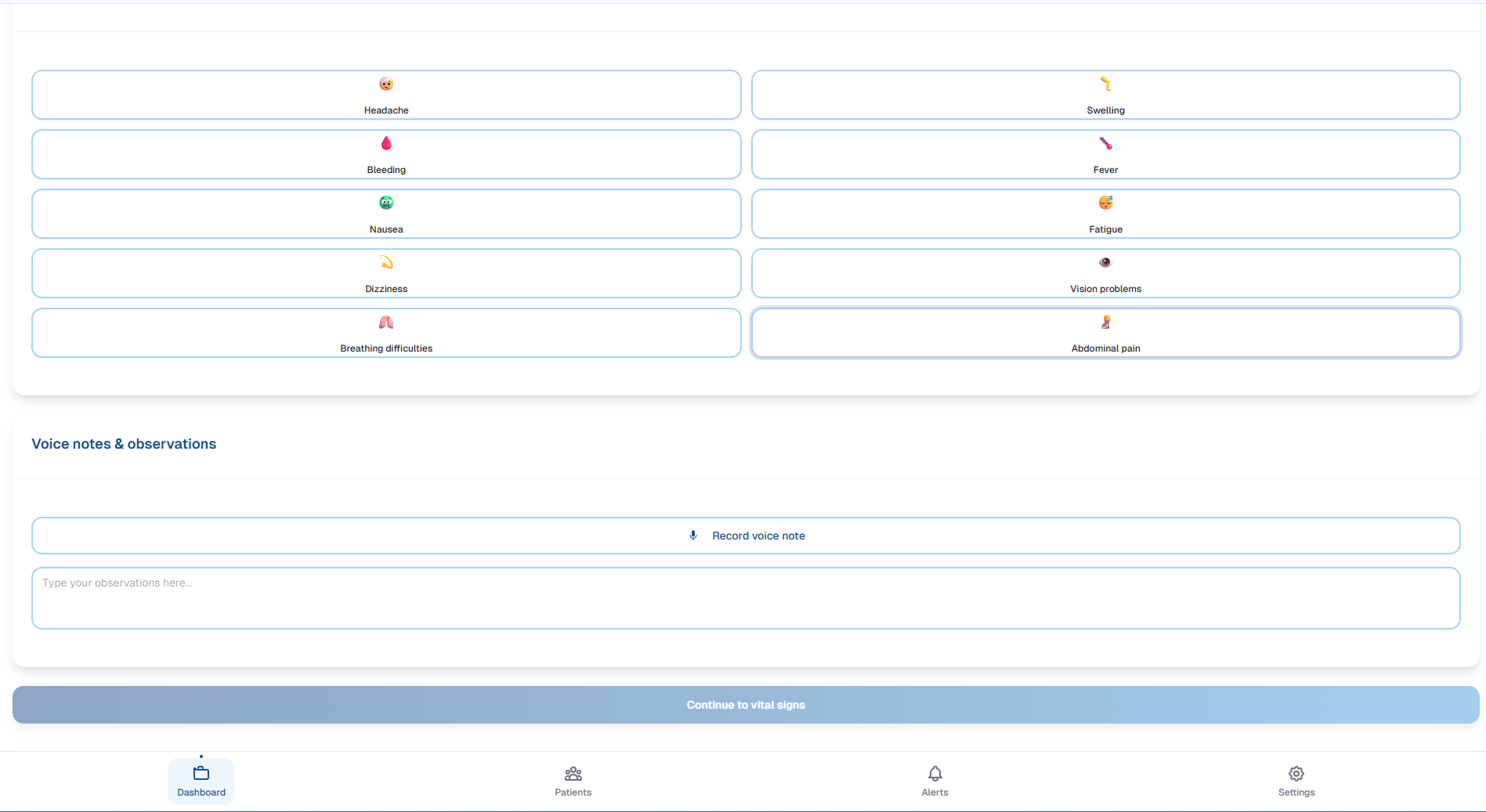 CHW Dashboard Symptoms Input Voice Notes